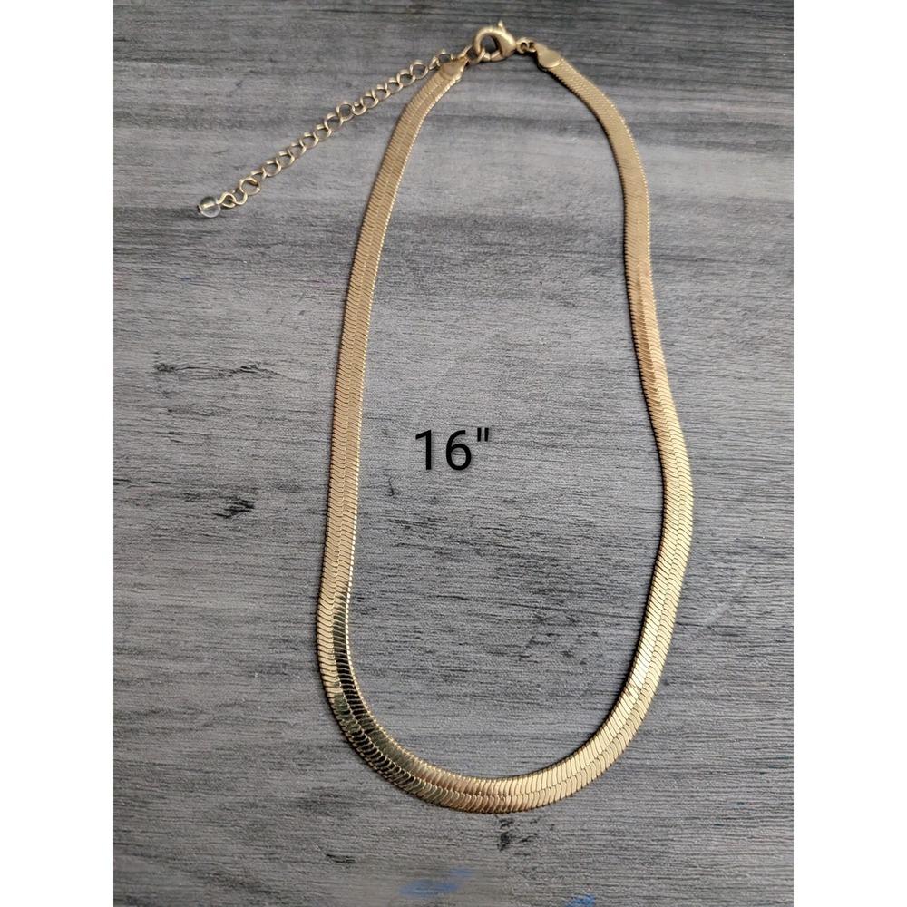 Gold Tone Herringbone Flat Snake Chain Necklace 16 Inch Adjustable Clasp